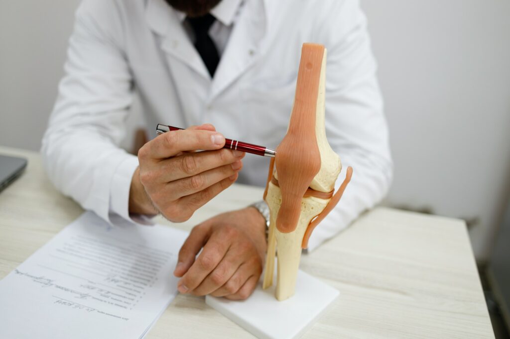 Close-up view of orthopedic doctor who demonstrates an artificial model of the knee joint